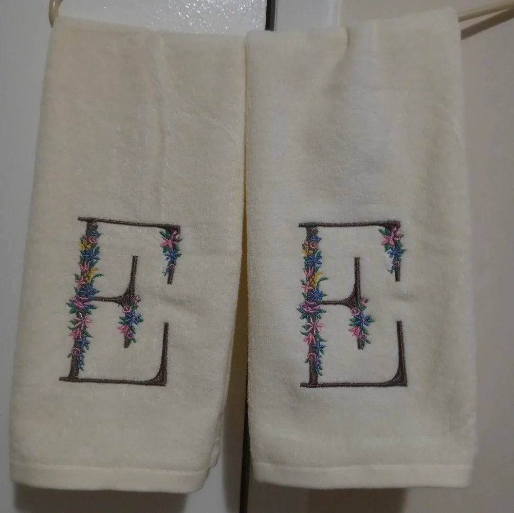 2 White Cotton Hand Towels with Multicolor Flowers Embroidery Brown Monogram E